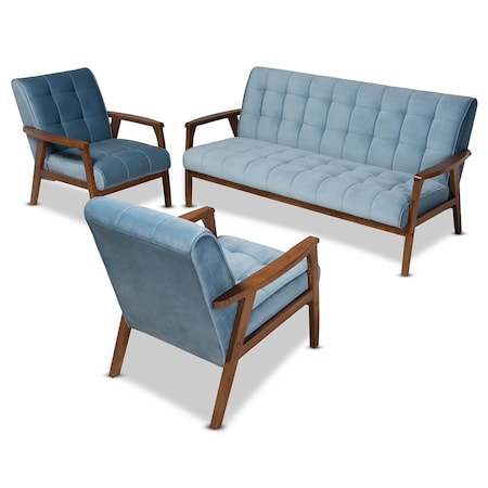 Baxton Studio Asta Light Blue Velvet Walnut Finished Wood 3-PC Living Room Set 160-9942-9944
